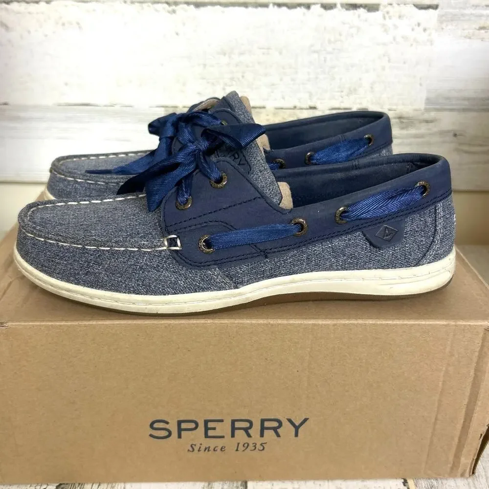 Sperry Womens 7.5 Koifish Sparkle Canvas Boat Shoe Loafer Ribbon Lace-Up Leather